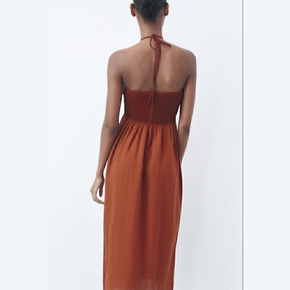 Zara NWT Rust Halter Cotton Midi Dress Boho Resort S - Picture 12 of 14